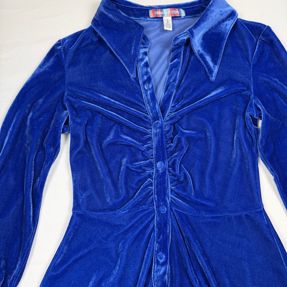 Urban Outfitters Blue Velvet Button Down Shirt Dress Y2K Long Sleeve Small EUC - Picture 4 of 10
